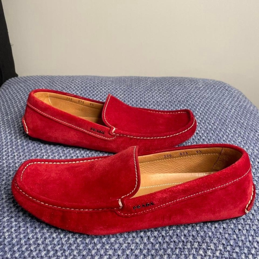 Prada Calzature Uomo red velvet suede loafers, driving moccasins 9.5 - Picture 5 of 8